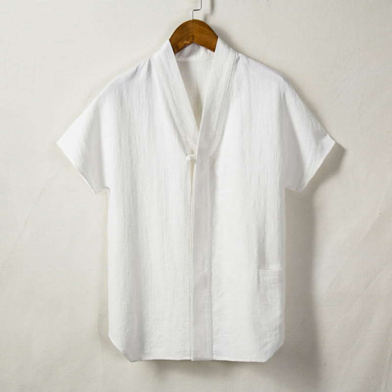 Buddha Stones Men's Short Sleeve Shirt With Pocket Notched Neck Cardigan Comfort Cotton Linen Shirt - image 2