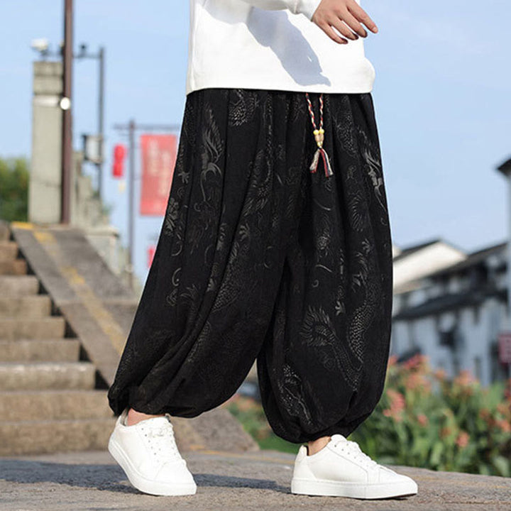 Buddha Stones Dragon Design Casual Plain Cotton Men's Pants With Pockets