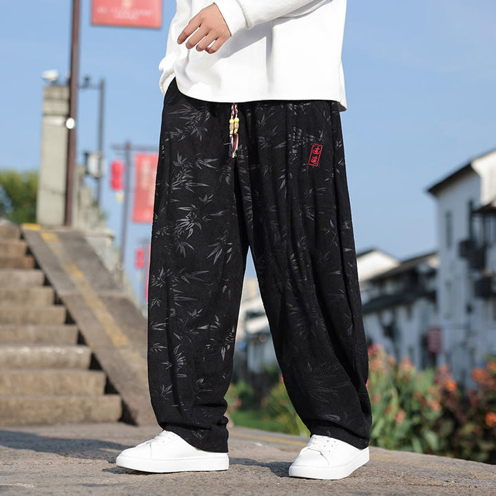 Buddha Stones Embroider Leaves Casual Cotton Men's Pants With Pockets