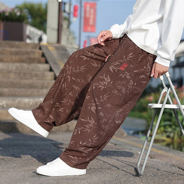 Buddha Stones Embroider Leaves Casual Cotton Men's Pants With Pockets