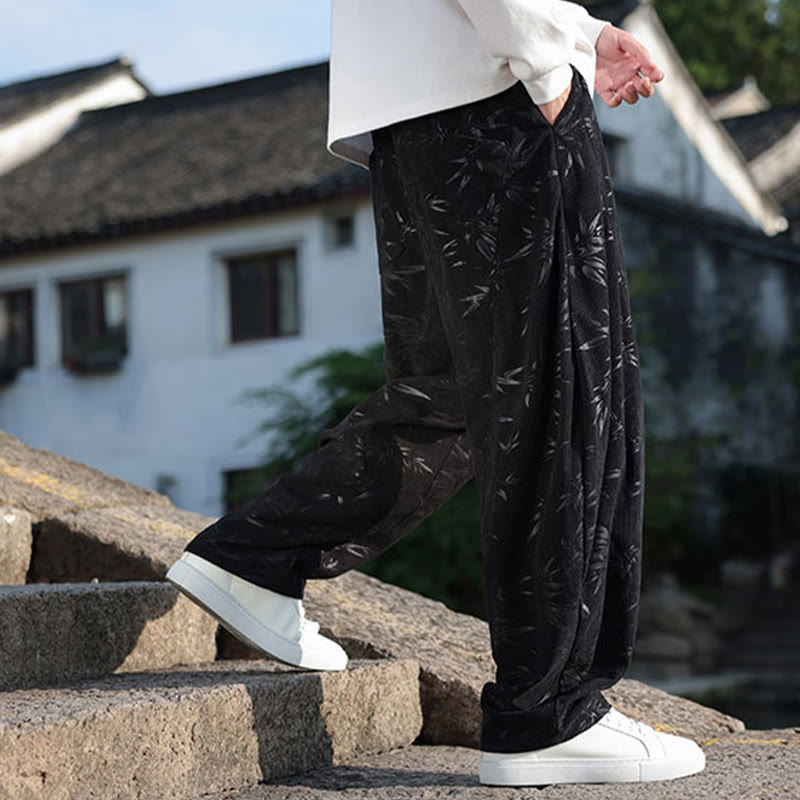 Buddha Stones Embroider Leaves Casual Cotton Men's Pants With Pockets