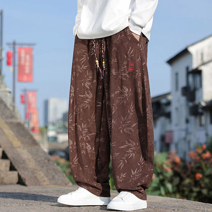 Buddha Stones Embroider Leaves Casual Cotton Men's Pants With Pockets