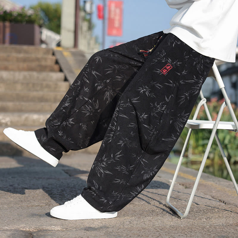 Buddha Stones Embroider Leaves Casual Cotton Men's Pants With Pockets