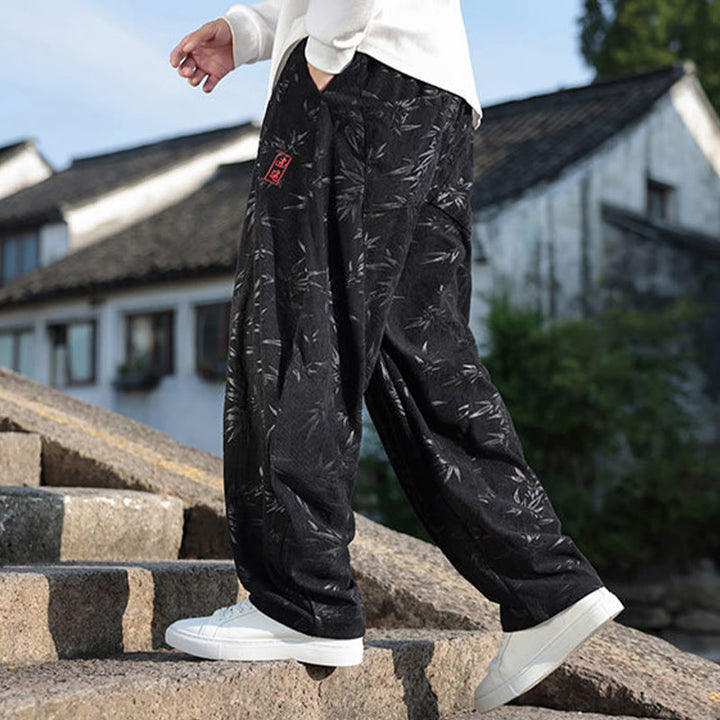 Buddha Stones Embroider Leaves Casual Cotton Men's Pants With Pockets - image 2