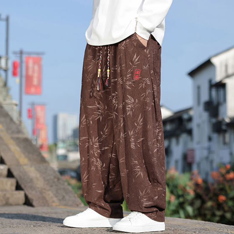 Buddha Stones Embroider Leaves Casual Cotton Men's Pants With Pockets