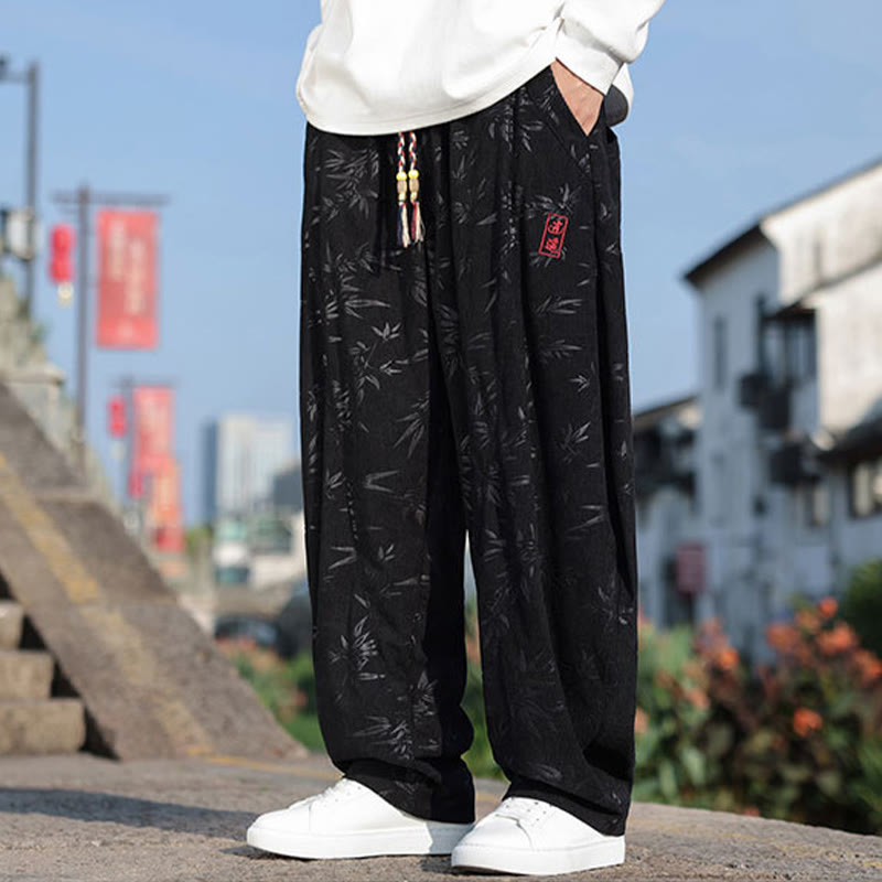 Buddha Stones Embroider Leaves Casual Cotton Men's Pants With Pockets - image 3