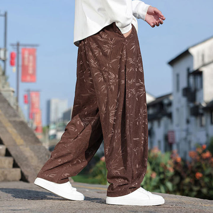 Buddha Stones Embroider Leaves Casual Cotton Men's Pants With Pockets