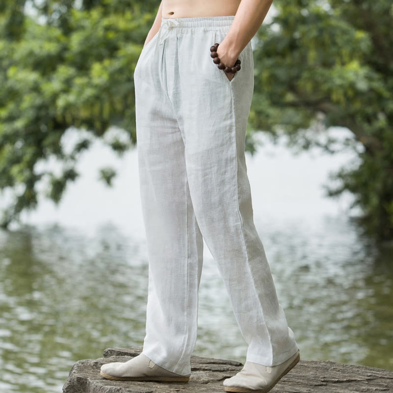 Buddha Stones Solid Color Cotton Linen Men's Wide Leg Pants With Pockets - White - US/UK/AU50，EU60 (5XL) - image 15