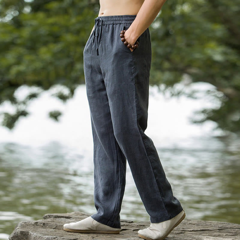 Buddha Stones Solid Color Cotton Linen Men's Wide Leg Pants With Pockets - image 12