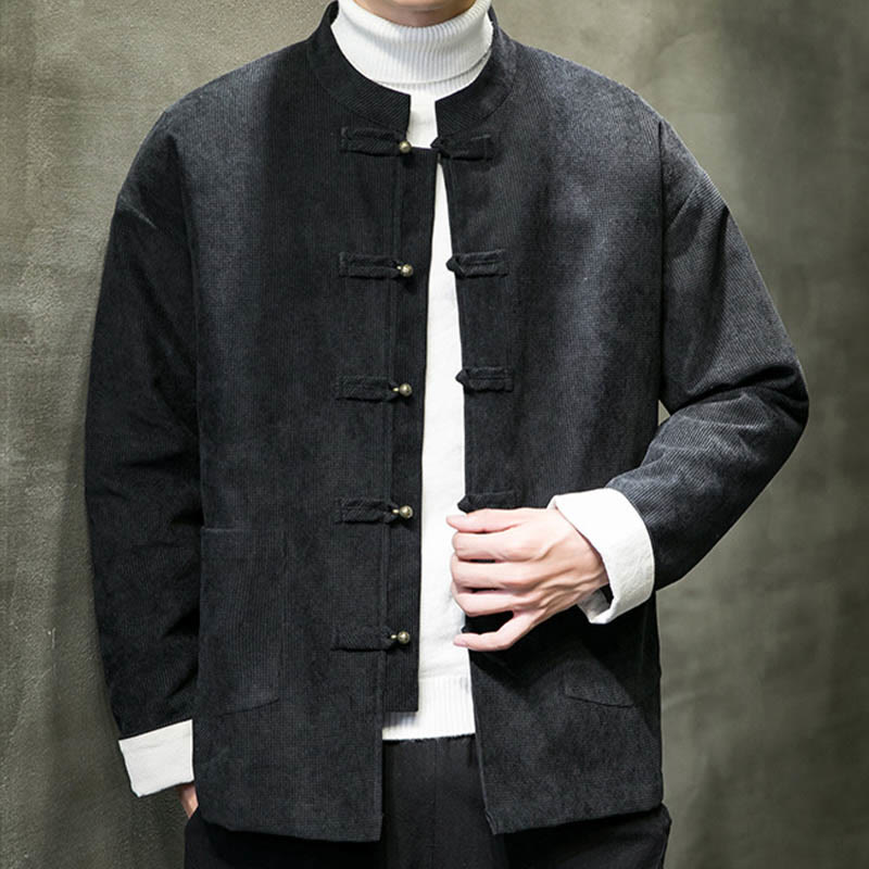 Buddha Stones Solid Color Frog-button Men's Jacket Shirt Clothing - Black - US/UK/AU46，EU56 (5XL) - image 0