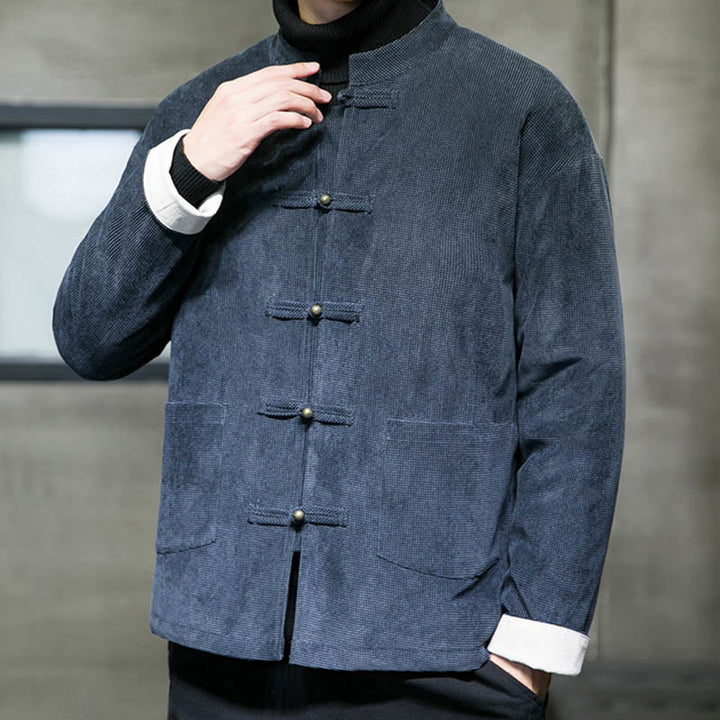 Buddha Stones Solid Color Frog-button Cotton Men's Jacket Shirt Clothing - image 14