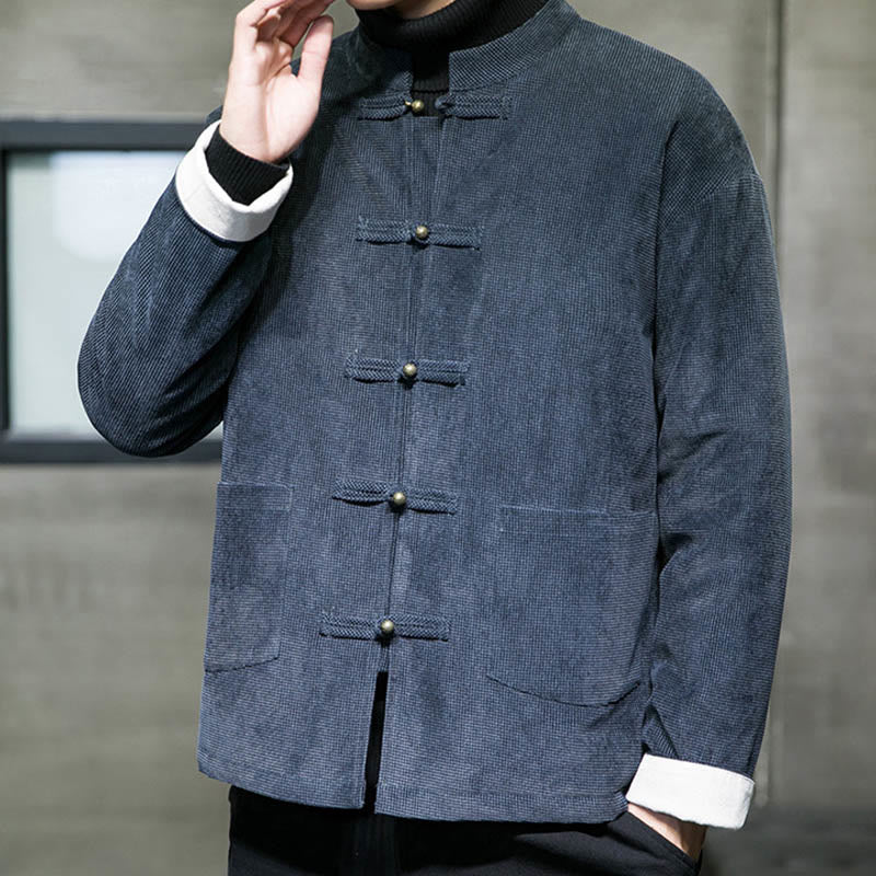 Buddha Stones Solid Color Frog-button Cotton Men's Jacket Shirt Clothing - image 12