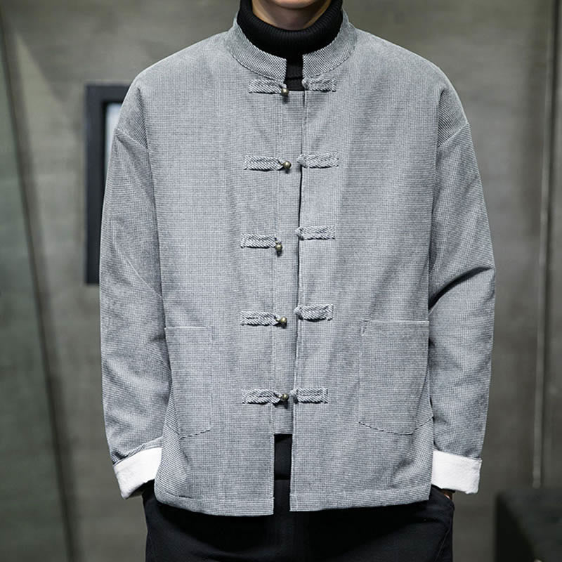 Buddha Stones Solid Color Frog-button Cotton Men's Jacket Shirt Clothing - Gray - US/UK/AU46，EU56 (5XL) - image 17