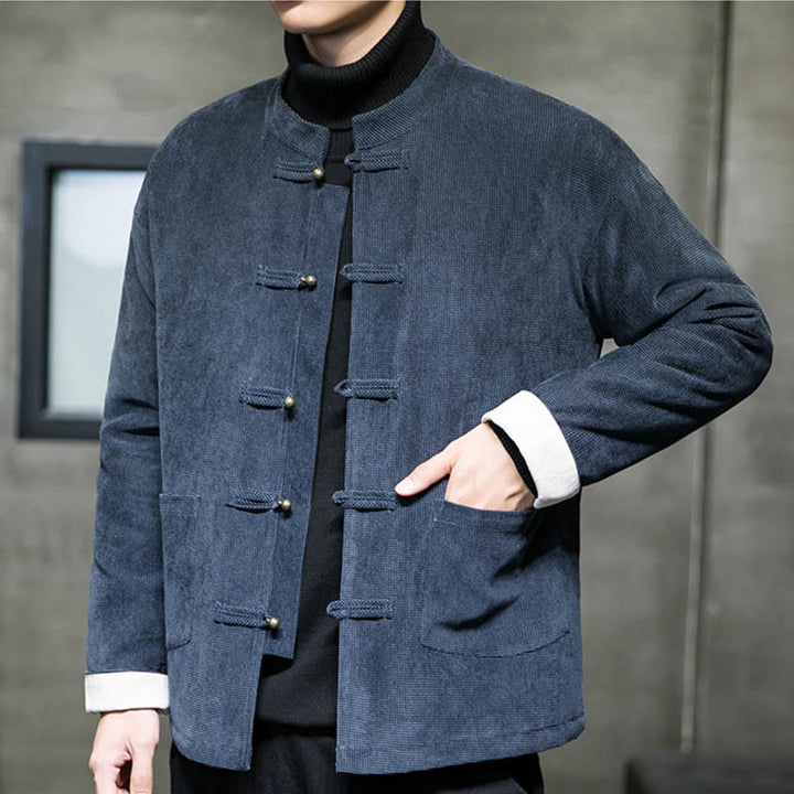 Buddha Stones Solid Color Frog-button Cotton Men's Jacket Shirt Clothing - image 13