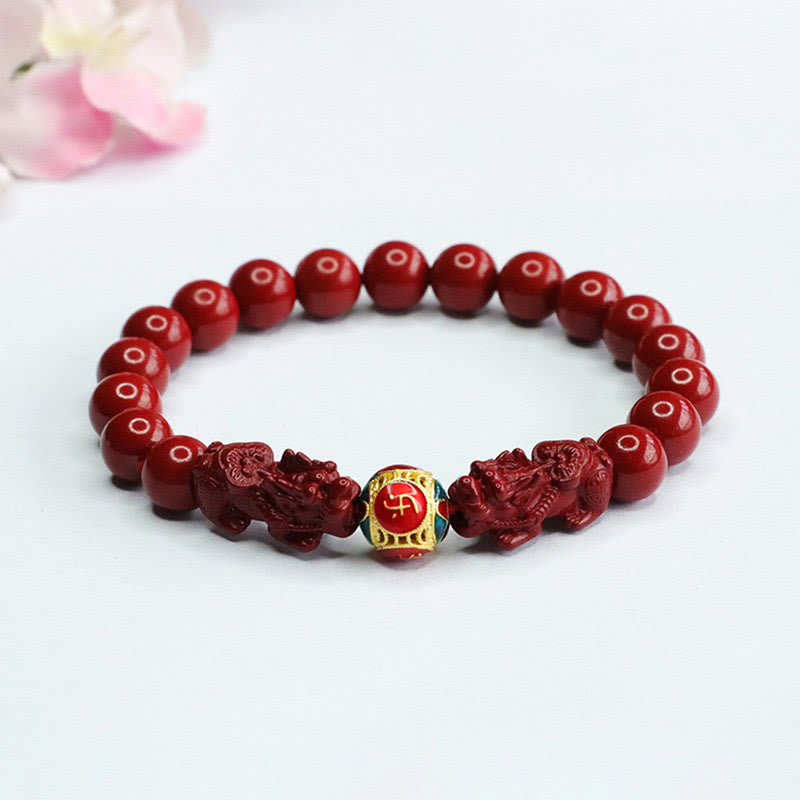 Buddha Stones Cinnabar Double PIXIU Keep Away Evil Spirits Bracelet