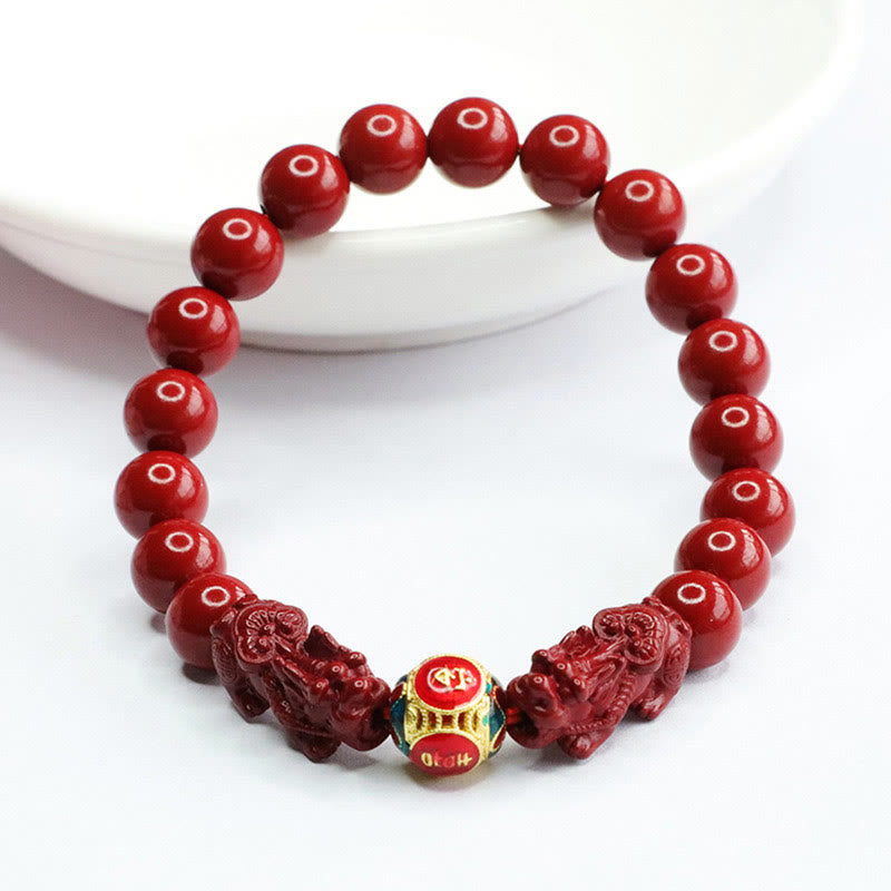 Buddha Stones Cinnabar Double PIXIU Keep Away Evil Spirits Bracelet