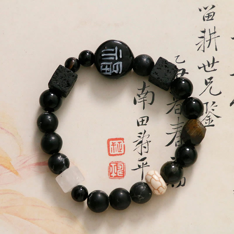 Buddha Stones Black Onyx Ceramics Agate Black Glitter Stone Fortune Fu Character Bracelet