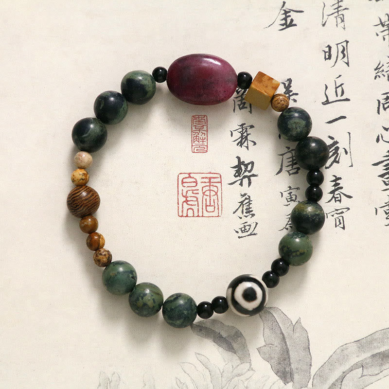 Buddha Stones Green Agate Three-eyed Dzi Bead Power Success Bracelet