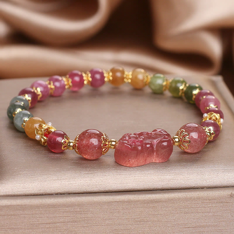 Buddha Stones Tourmaline Strawberry Quartz Pink Crystal PIXIU Love Bracelet