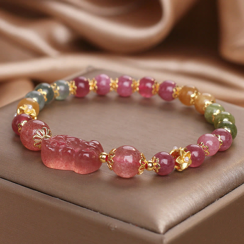 Buddha Stones Tourmaline Strawberry Quartz Pink Crystal PIXIU Love Bracelet