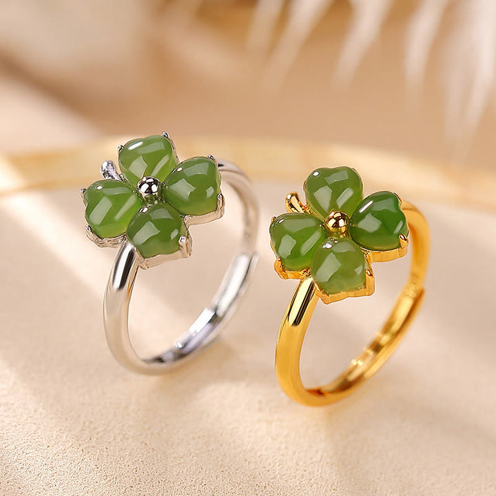 Buddha Stones 925 Sterling Silver Plated Gold Clover Hetian Cyan Jade Abundance Adjustable Ring