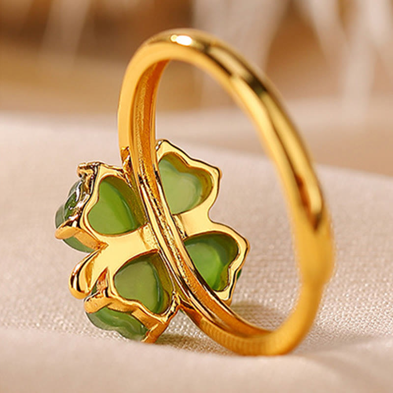 Buddha Stones 925 Sterling Silver Plated Gold Clover Hetian Cyan Jade Abundance Adjustable Ring