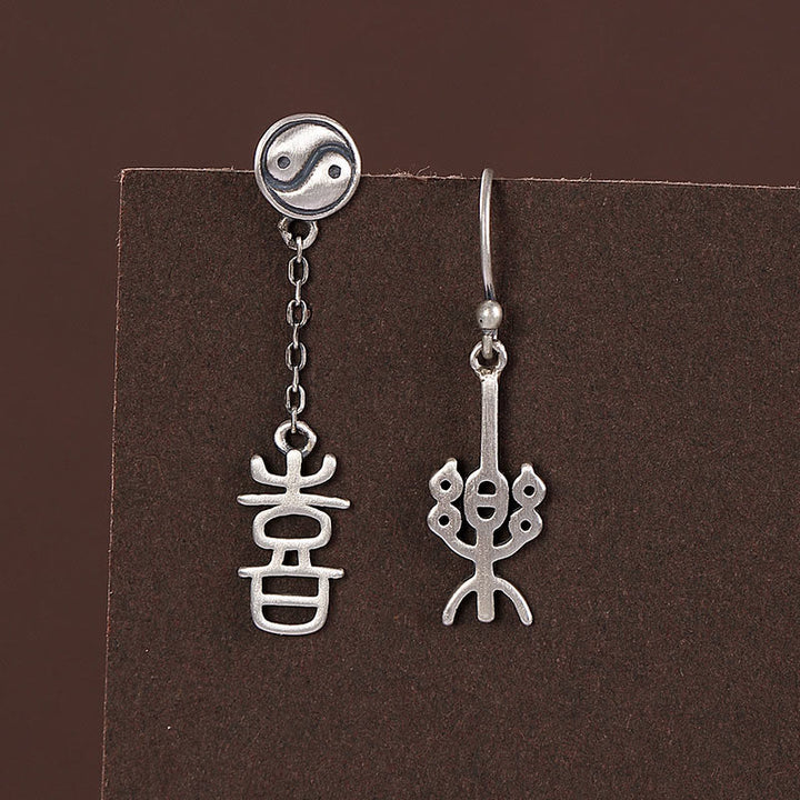 Buddha Stones 925 Sterling Silver Chinese Character 'Ping An' 'Xi Le' Protection Earrings