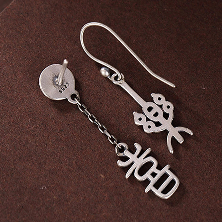 Buddha Stones 925 Sterling Silver Chinese Character 'Ping An' 'Xi Le' Protection Earrings