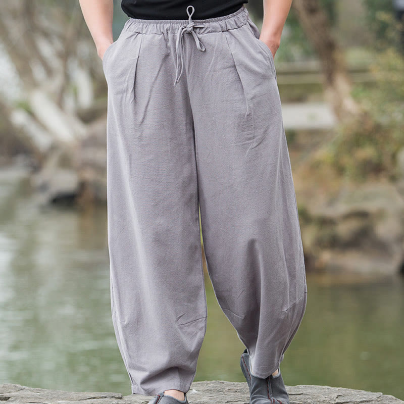 Buddha Stones Plain Casual Linen Bloomer Men's Pants With Pockets