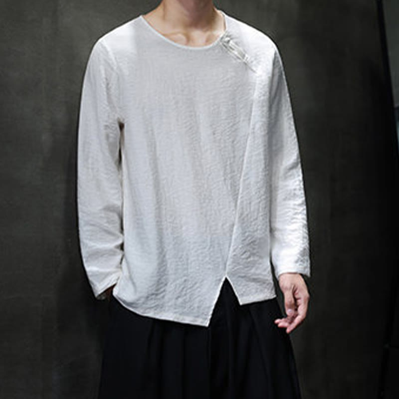 Buddha Stones Solid Color Loose Long Sleeve Round Neck Cotton Men's Shirts - image 8