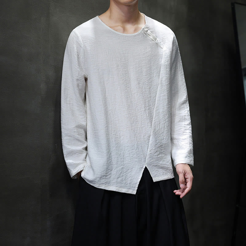 Buddha Stones Solid Color Loose Long Sleeve Round Neck Cotton Men's Shirts - image 7