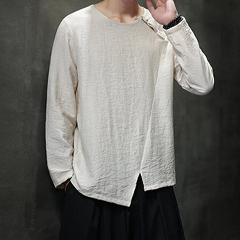 Buddha Stones Solid Color Loose Long Sleeve Round Neck Cotton Men's Shirts - image 18