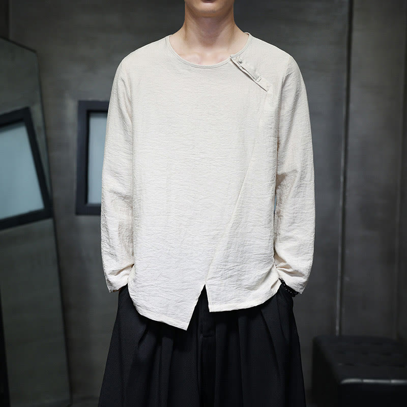 Buddha Stones Solid Color Loose Long Sleeve Round Neck Cotton Men's Shirts - LemonChiffon - US/UK/AU44，EU54 (5XL) - image 15