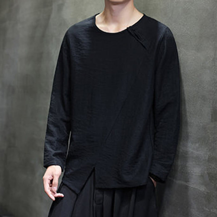 Buddha Stones Solid Color Loose Long Sleeve Round Neck Cotton Men's Shirts - image 30