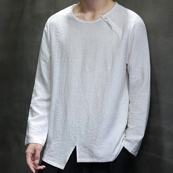 Buddha Stones Solid Color Loose Long Sleeve Round Neck Cotton Men's Shirts - White - US/UK/AU46，EU56 (5XL) - image 0