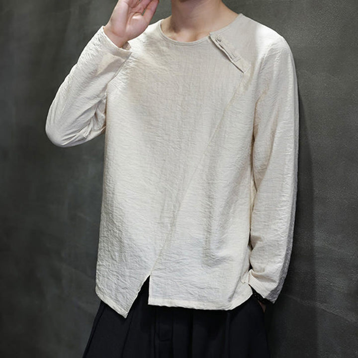 Buddha Stones Solid Color Loose Long Sleeve Round Neck Cotton Men's Shirts - image 19