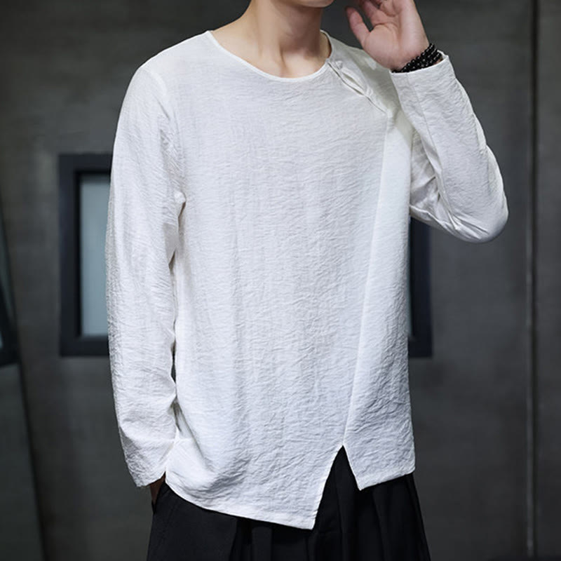 Buddha Stones Solid Color Loose Long Sleeve Round Neck Cotton Men's Shirts - image 7