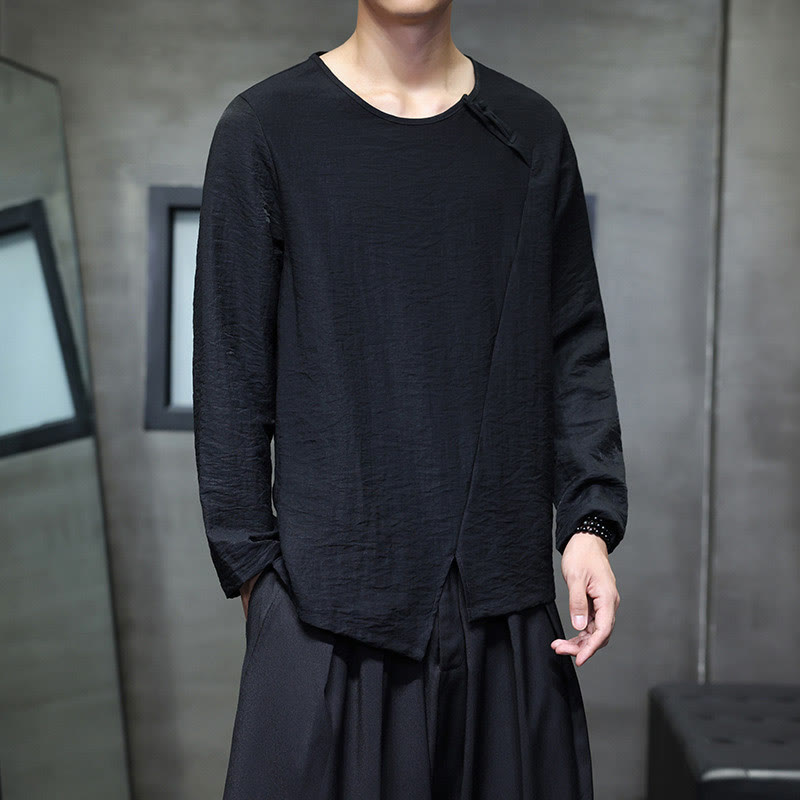 Buddha Stones Solid Color Loose Long Sleeve Round Neck Cotton Men's Shirts - image 27