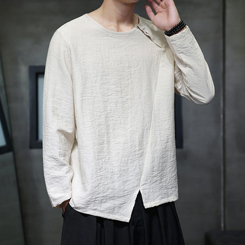 Buddha Stones Solid Color Loose Long Sleeve Round Neck Cotton Men's Shirts - image 23