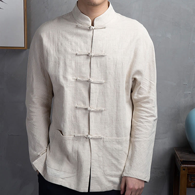 Buddha Stones Solid Color Casual Frog-button Linen Men's Shirt Clothing