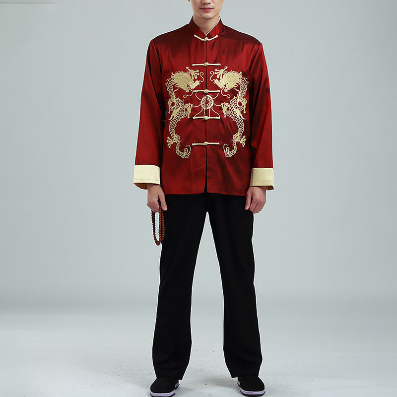 Buddha Stones Embroider Dragon Turned Sleeves Casual Frog-button Polyester Fiber Men's Jacket Shirt Pants Clothing - image 3