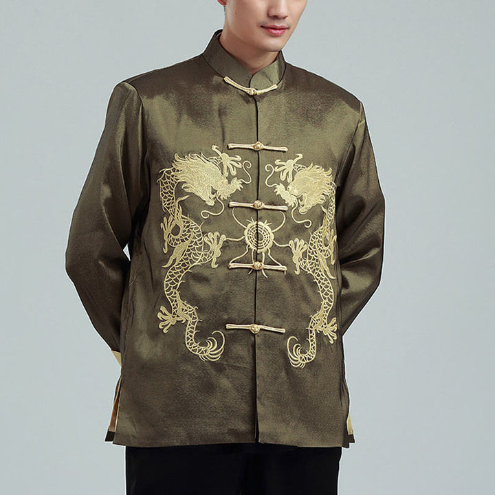 Buddha Stones Embroider Dragon Turned Sleeves Casual Frog-button Polyester Fiber Men's Jacket Shirt Pants Clothing