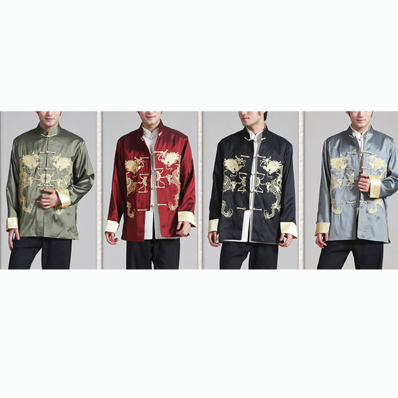 Buddha Stones Embroider Dragon Turned Sleeves Casual Frog-button Polyester Fiber Men's Jacket Shirt Pants Clothing