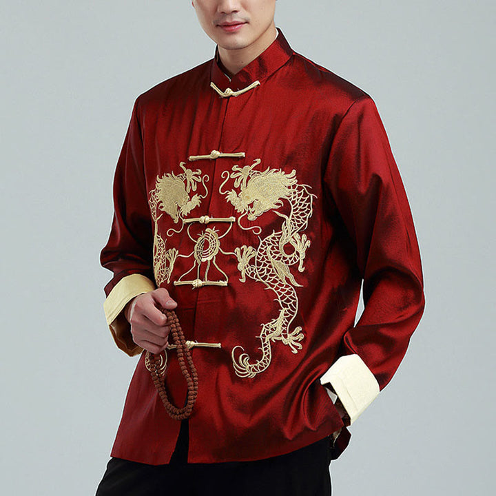 Buddha Stones Embroider Dragon Turned Sleeves Casual Frog-button Polyester Fiber Men's Jacket Shirt Pants Clothing