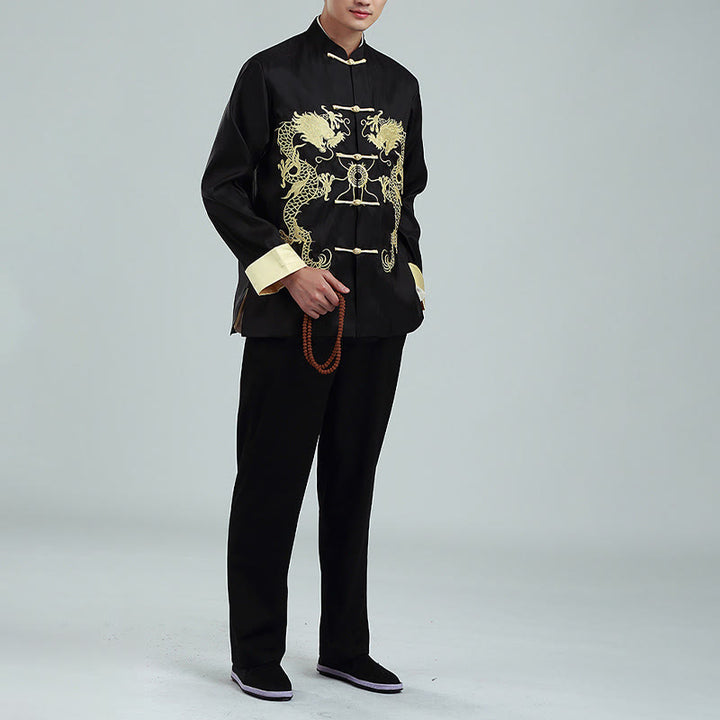 Buddha Stones Embroider Dragon Turned Sleeves Casual Frog-button Polyester Fiber Men's Jacket Shirt Pants Clothing - image 14