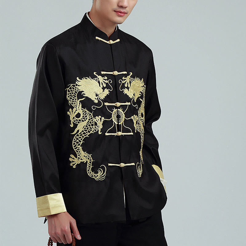 Buddha Stones Embroider Dragon Turned Sleeves Casual Frog-button Polyester Fiber Men's Jacket Shirt Pants Clothing - image 11