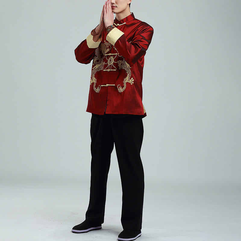 Buddha Stones Embroider Dragon Turned Sleeves Casual Frog-button Polyester Fiber Men's Jacket Shirt Pants Clothing - image 4