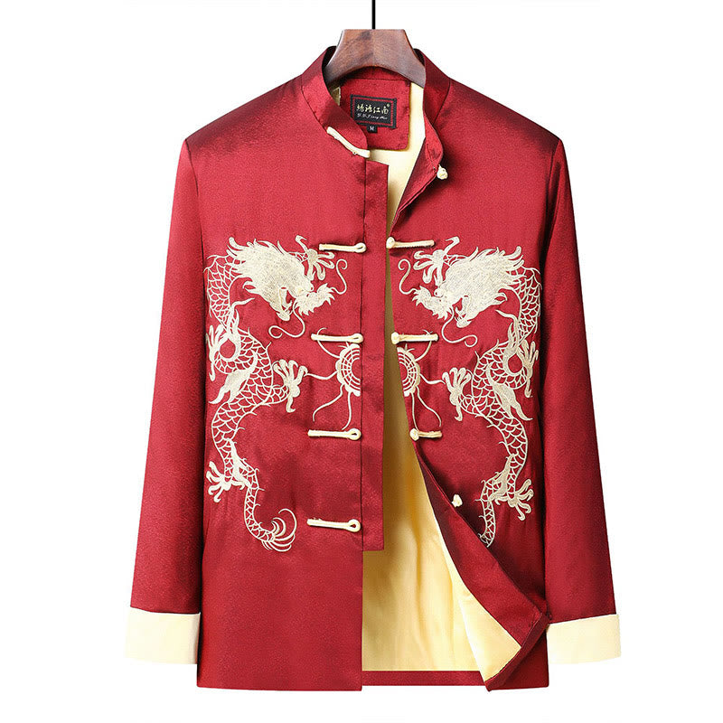 Buddha Stones Embroider Dragon Turned Sleeves Casual Frog-button Polyester Fiber Men's Jacket Shirt Pants Clothing - image 5