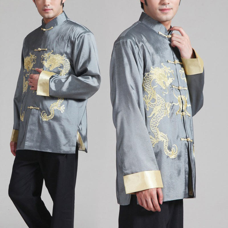 Buddha Stones Embroider Dragon Turned Sleeves Casual Frog-button Polyester Fiber Men's Jacket Shirt Pants Clothing