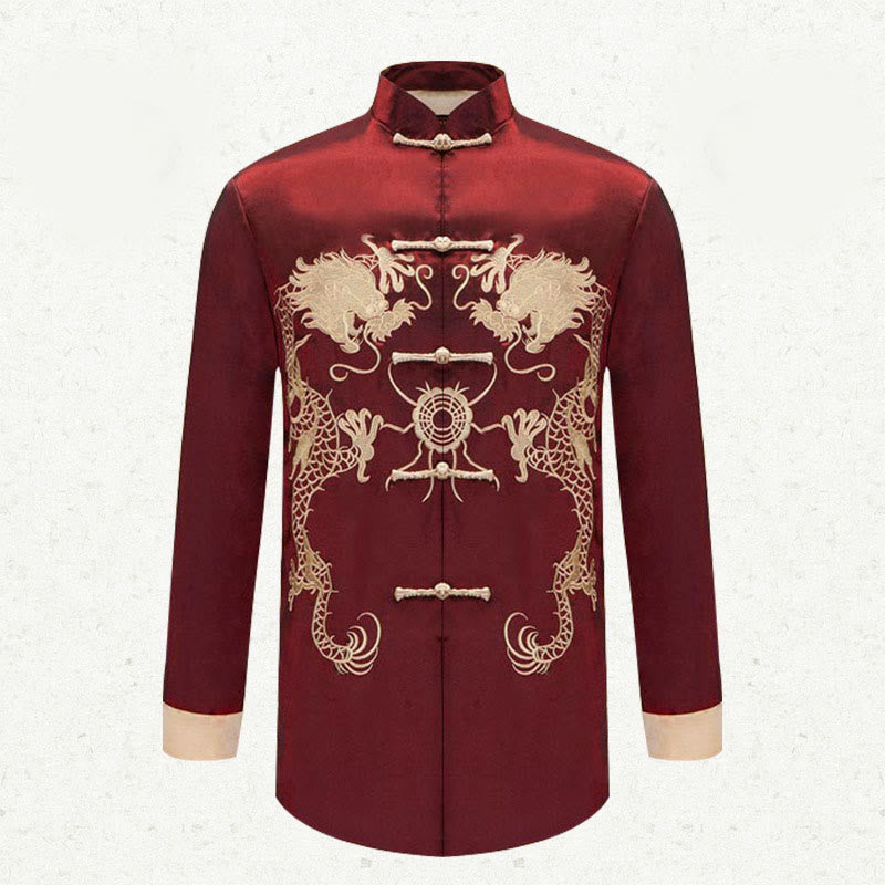 Buddha Stones Embroider Dragon Turned Sleeves Casual Frog-button Polyester Fiber Men's Jacket Shirt Pants Clothing - image 6